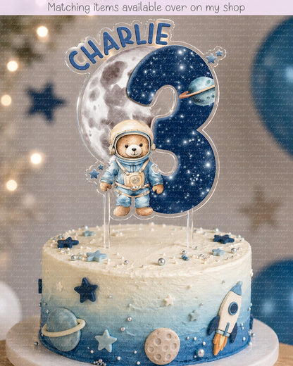 Personalised Birthday Astronaut Teddy Number cake topper - acrylic printed Age Space bear cake topper - custom cake decoration