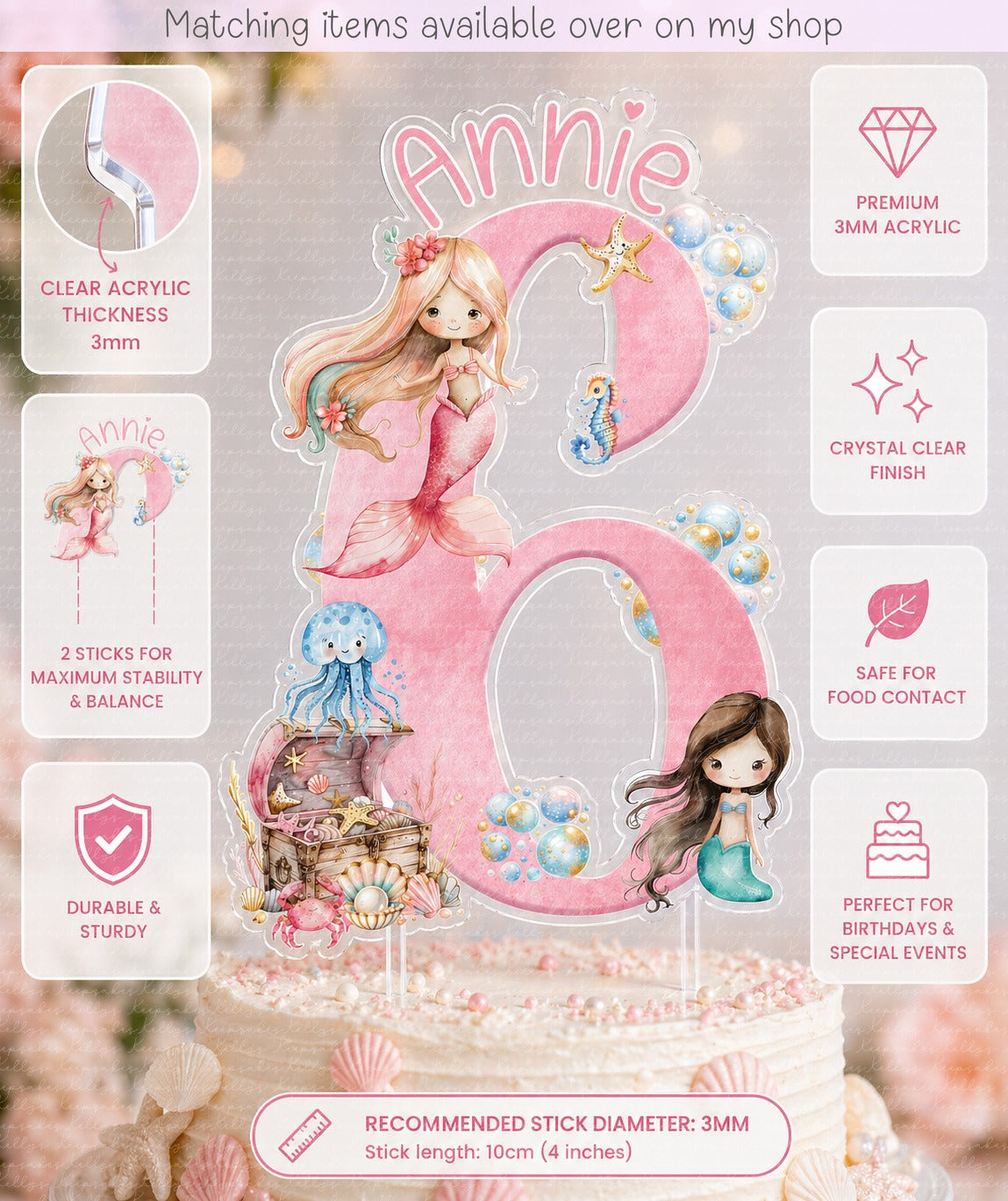 Personalised Mermaid under the sea age cake topper - acrylic printed cake topper - custom cake decoration - kids cake topper