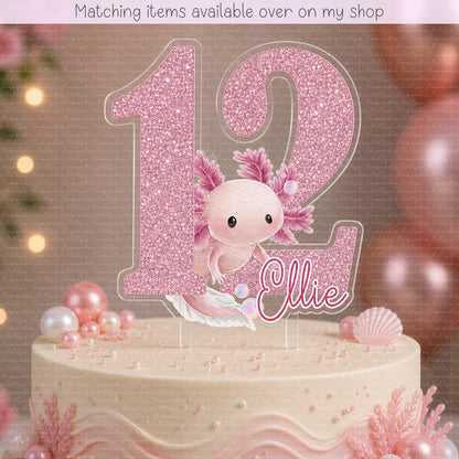 Personalised Axolotl Pink Age cake topper - acrylic printed cake topper - custom cake decoration