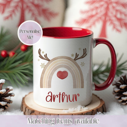 Personalised Christmas Reindeer Rainbow Mug – Enamel or Ceramic | Custom Name | Christmas Hot Chocolate Mug
