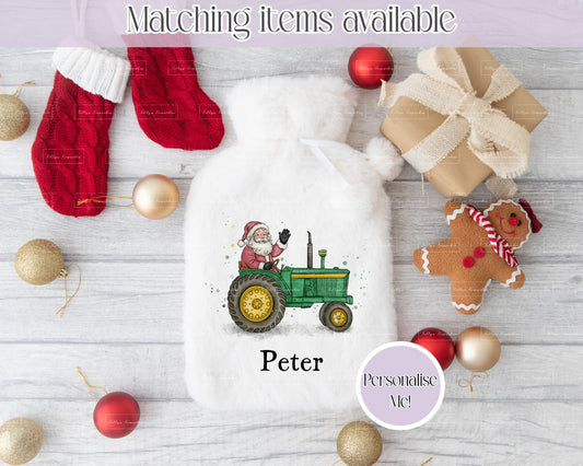 Personalised Father Christmas On Tractor Fluffy Hot Water Bottle with Faux Fur Cover – 2L Hot Water Bottle in Gift Box, Winter Warmer, Christmas Gift