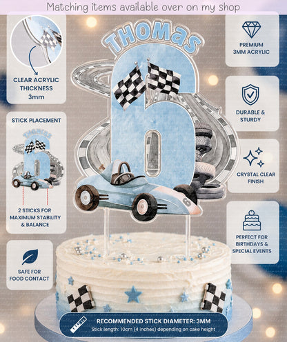 Personalised Race Car age cake topper - acrylic printed car track cake topper - custom cake decoration