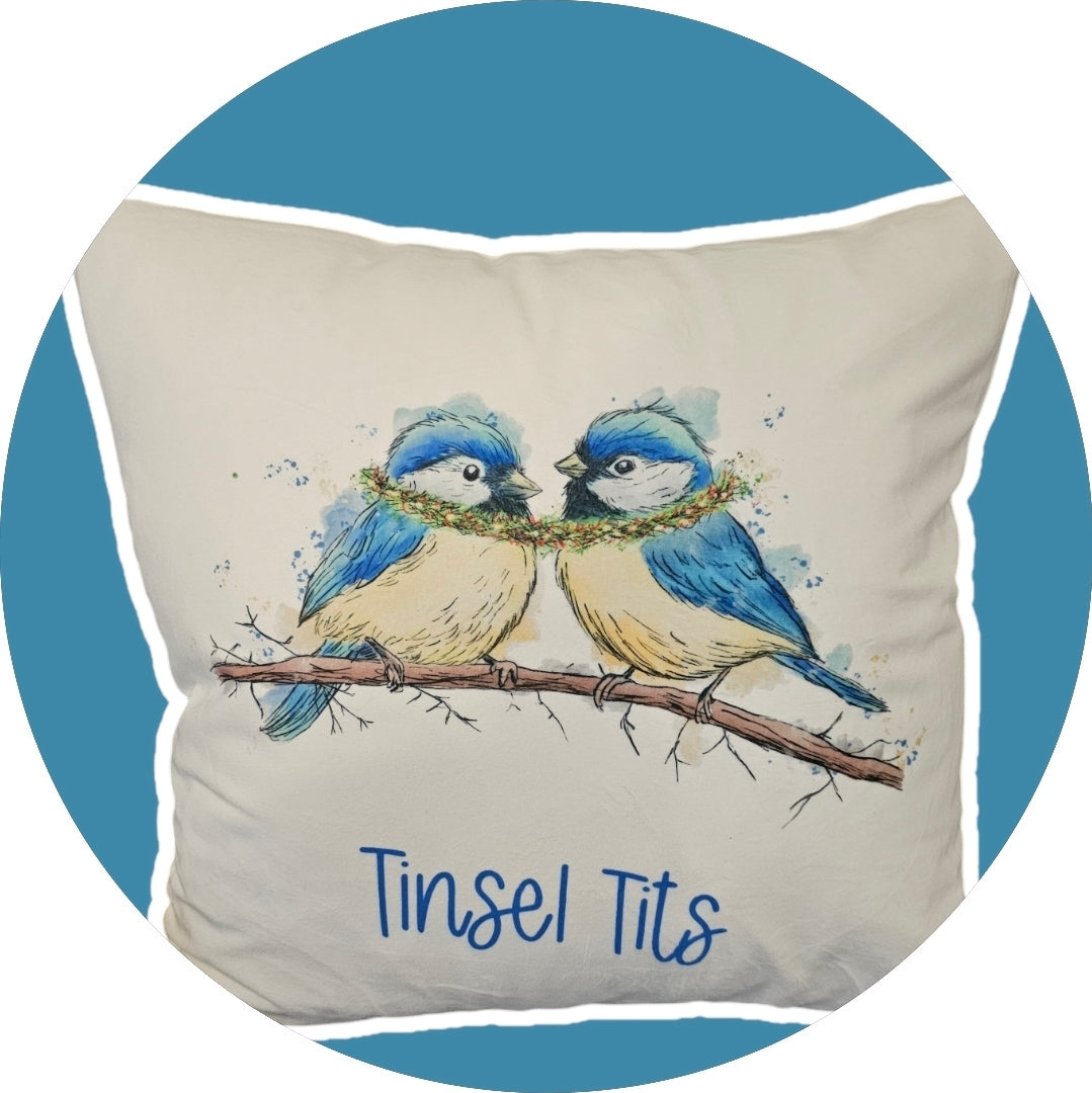 Tinsel Tits Velvet Cushion- Personalised Christmas Cushion - Blue Tits - Velvet Cushion Cover and inner