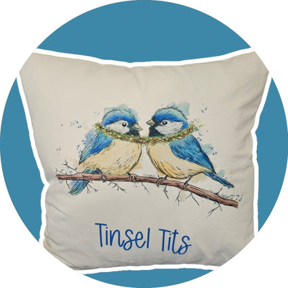 Tinsel Tits Velvet Cushion- Personalised Christmas Cushion - Blue Tits - Velvet Cushion Cover and inner