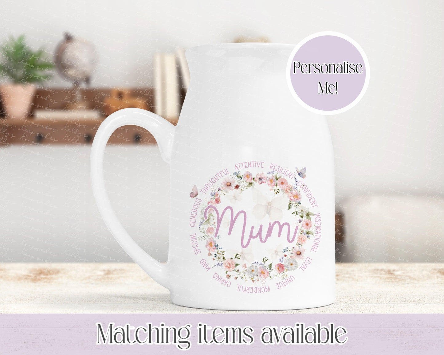 Personalised Milk Jug/Vase 450ml – Floral Wreath with butterflies- mothers day gifts from kids - custom gift ideas