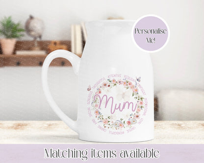 Personalised Milk Jug/Vase 450ml – Floral Wreath with butterflies- mothers day gifts from kids - custom gift ideas