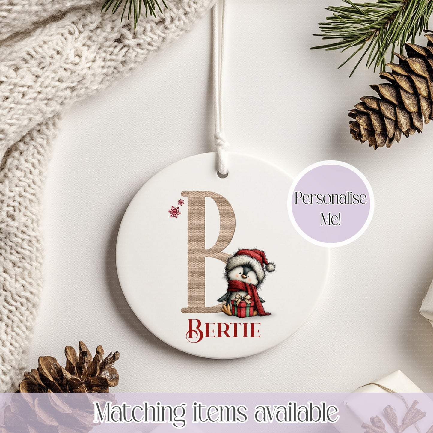 Personalised Quirky Penguin Ceramic Bauble - Christmas Decoration - First Christmas - Fully Editable- Custom Name