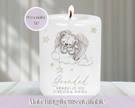 Personalised Memorial Angel Teddy Catching Stars Cloud Ceramic Candle Holder - thinking of you forever and always - Memorial Candle