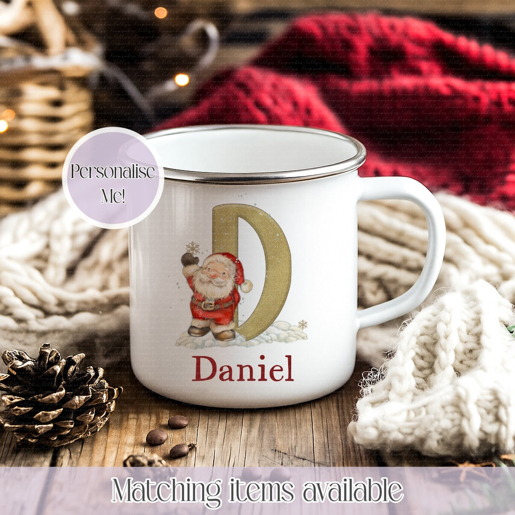 Personalised Cute Santa Illustration Mug – Enamel or Ceramic | Custom Name | Christmas Hot Chocolate Mug