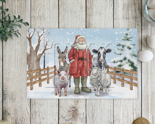 Farmer Christmas Kitchen Glass Chopping board - Worktop Saver - Hen Kitchen Chopping Board - Country Kitchen - Farmhouse