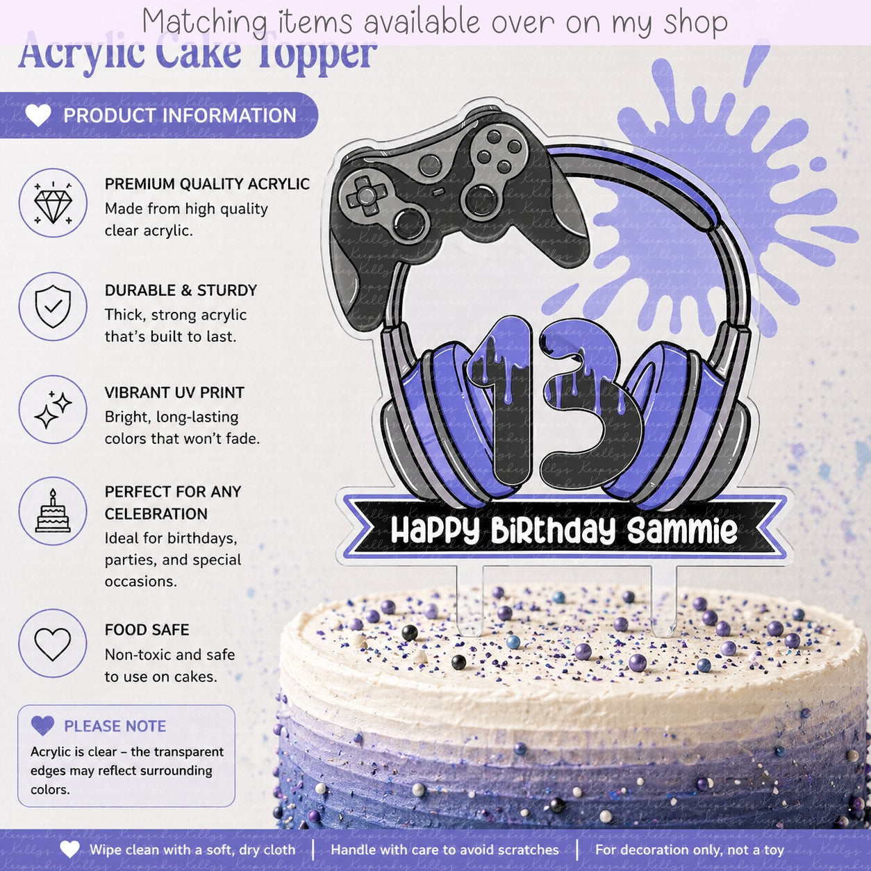 Personalised Game Controller age cake topper - acrylic gamer printed cake topper - custom cake decoration