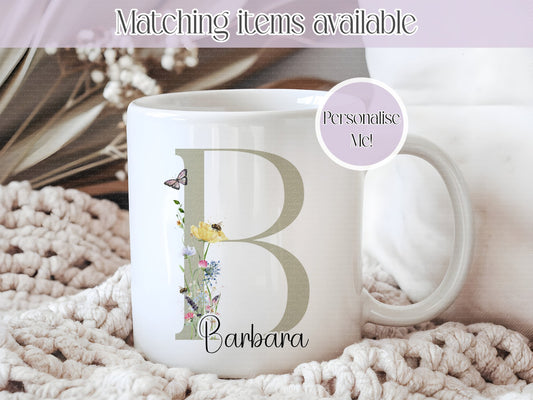 Wildflower Inital Personalised Mug – Enamel Ceramic or China | Custom Name