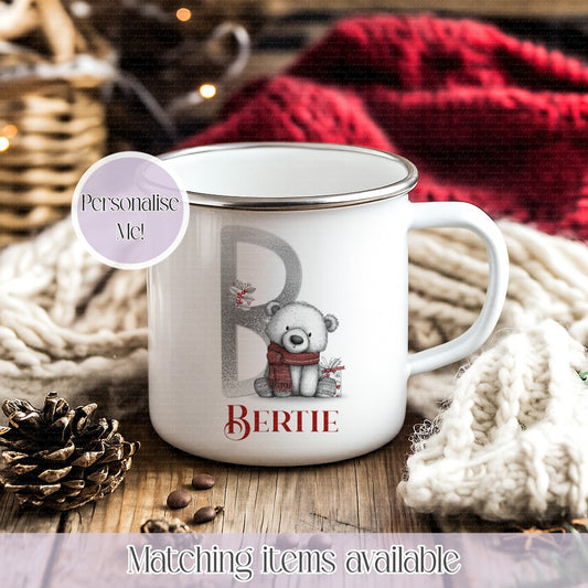 Personalised Quirky Polar Bear Inital Mug – Enamel or Ceramic | Custom Name | Christmas Hot Chocolate Mug