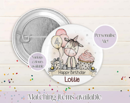 Unicorn Cute Personalised Birthday Badge - 58mm custom badge