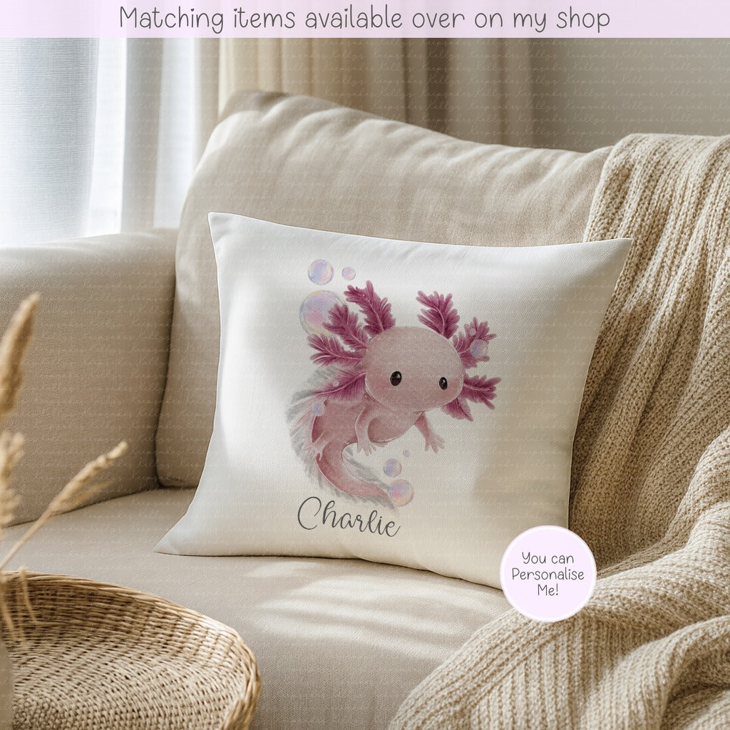 Personalised Hand Drawn Axolotl Cushion - Gift for her - Gift for him -  Axolotl Salamander custom cover - Coloured Back cushion