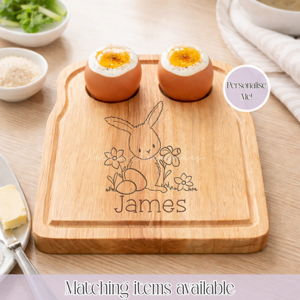 Personalised Wooden Easter Bunny Egg Board - Custom Name Bunny Design - egg and soldiers