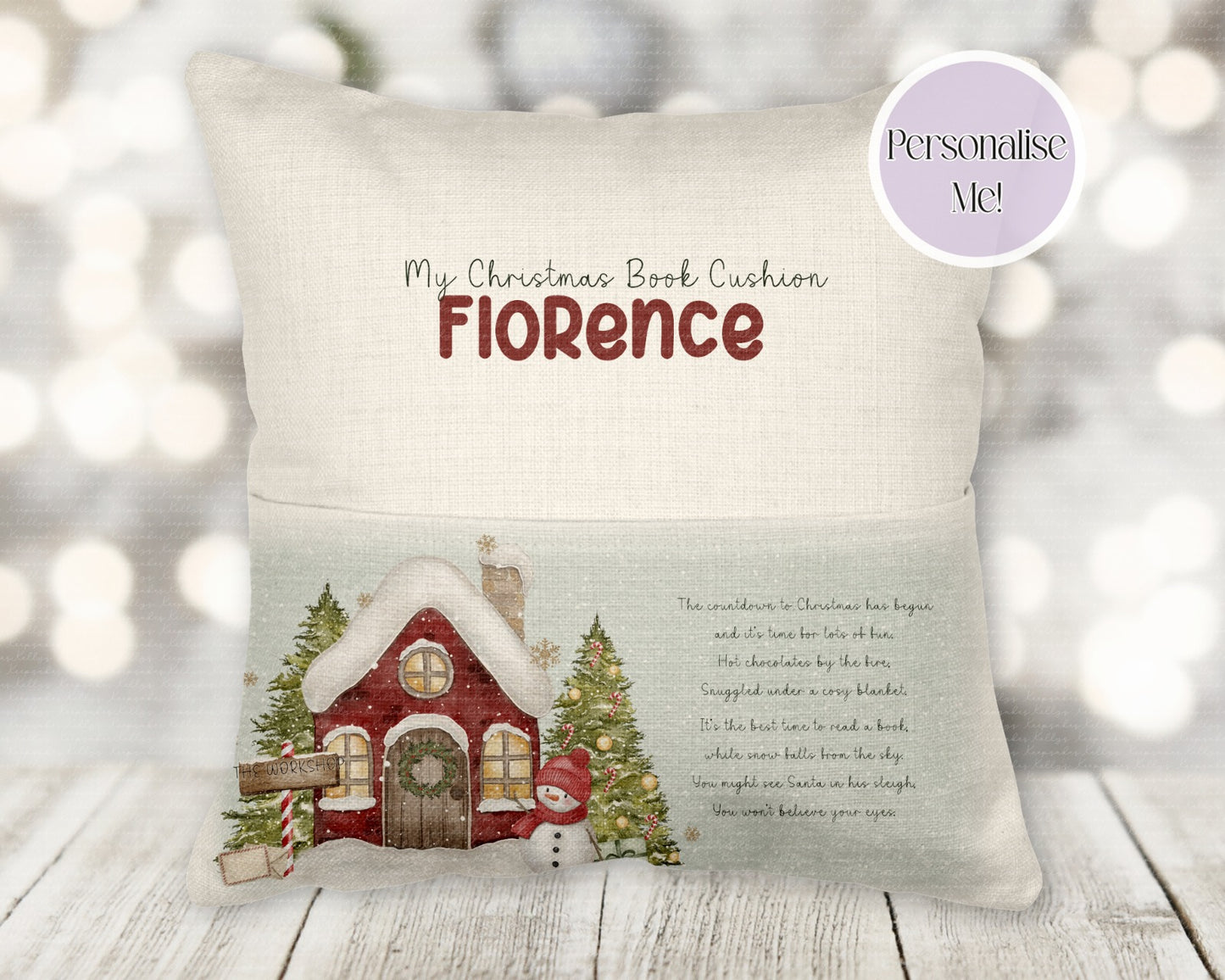 Personalised Christmas santas  workshop book pocket cushion - young reader - personalised cushion - two colours