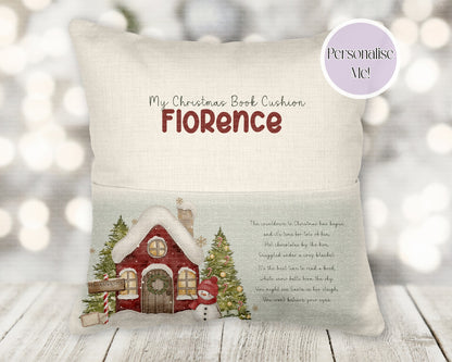 Personalised Christmas santas  workshop book pocket cushion - young reader - personalised cushion - two colours