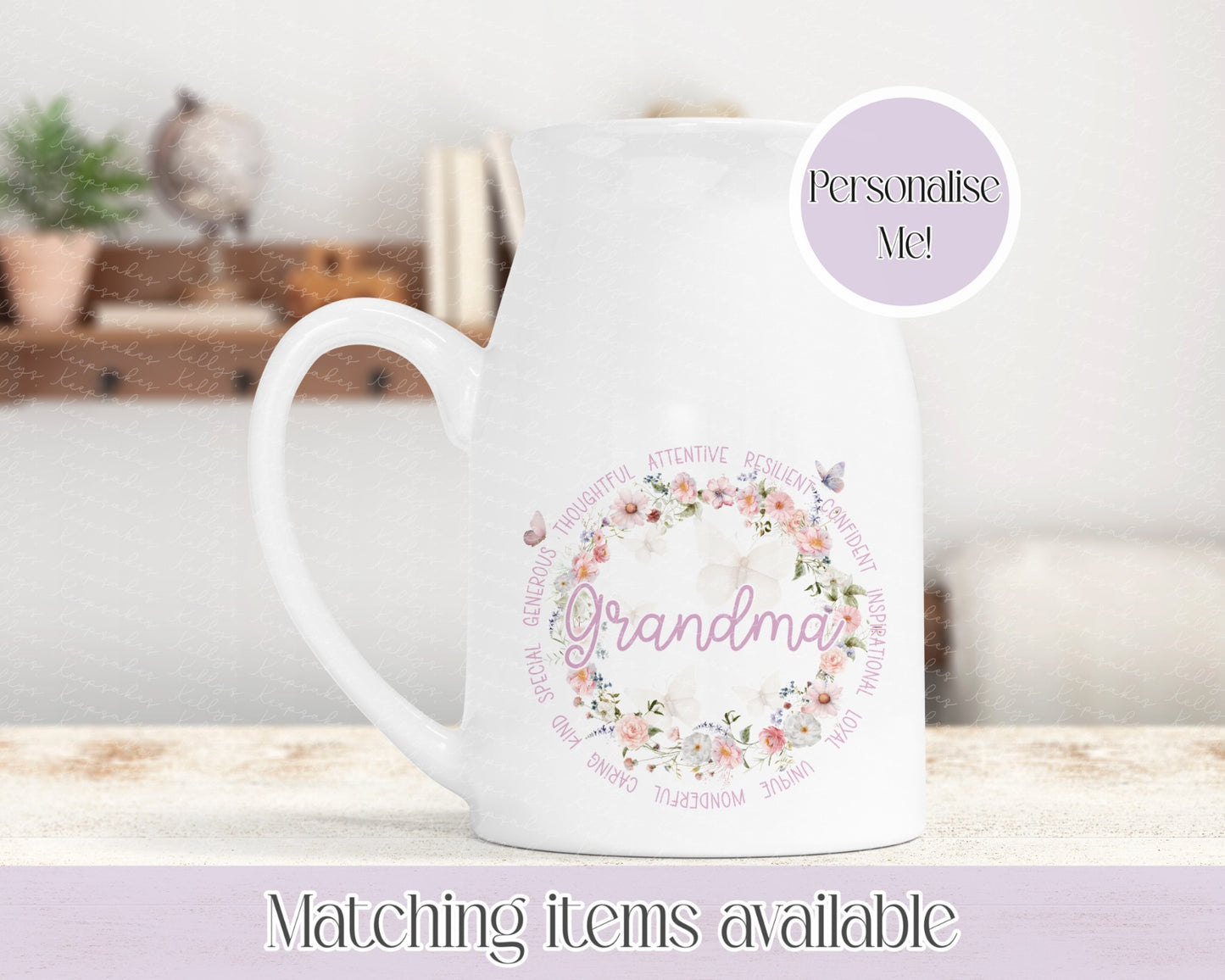 Personalised Milk Jug/Vase 450ml – Floral Wreath with butterflies- mothers day gifts from kids - custom gift ideas