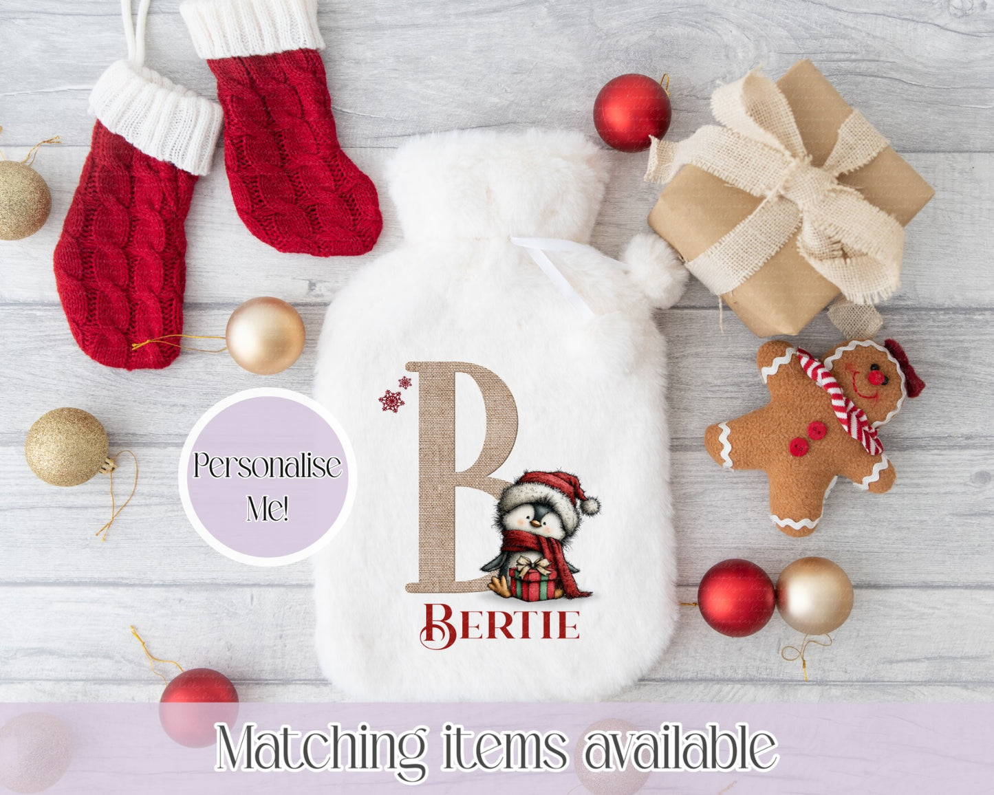 Personalised Quirky Penguin Fluffy Hot Water Bottle with Faux Fur Cover – 2L Hot Water Bottle in Gift Box, Winter Warmer, Christmas Gift