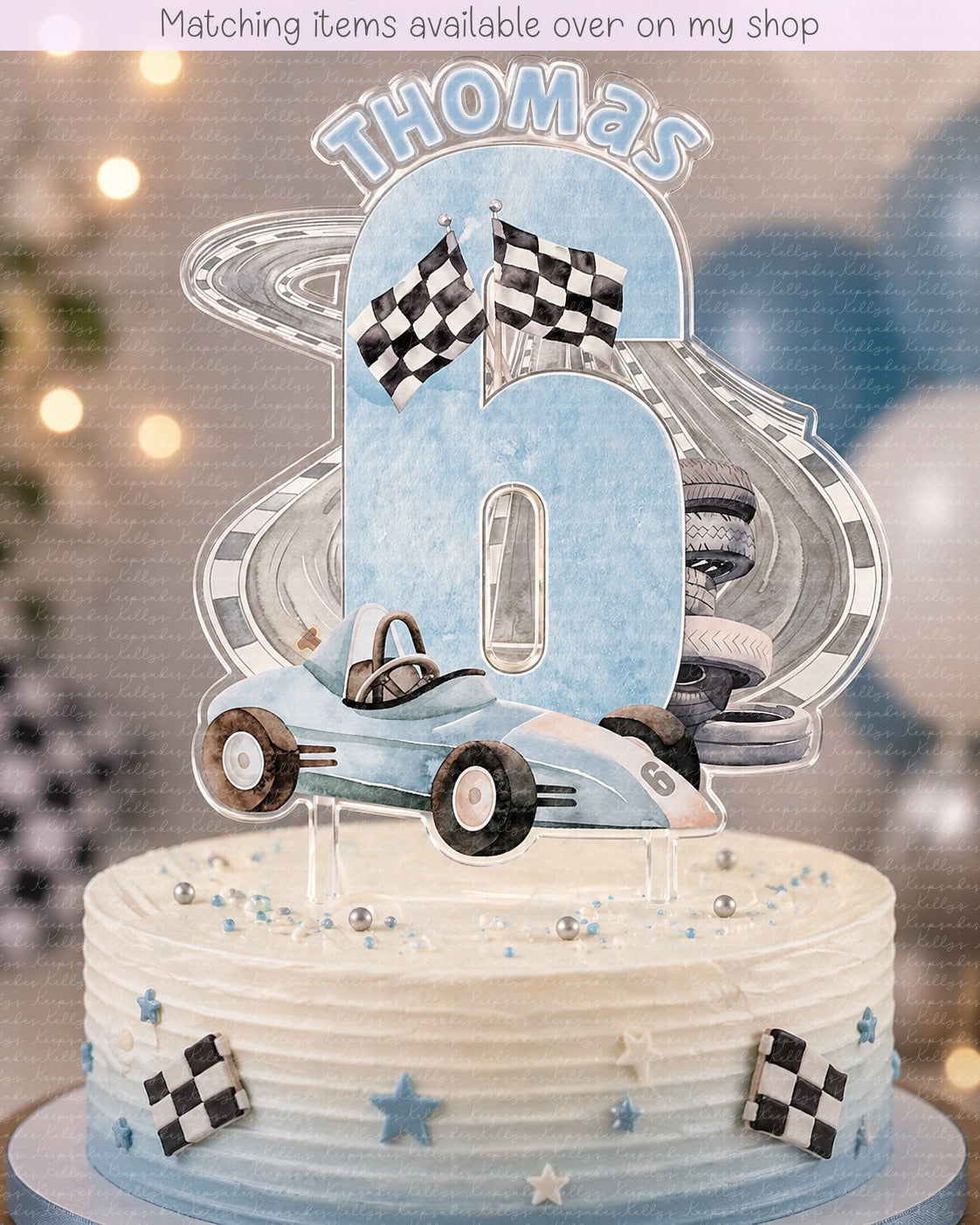 Personalised Race Car age cake topper - acrylic printed car track cake topper - custom cake decoration