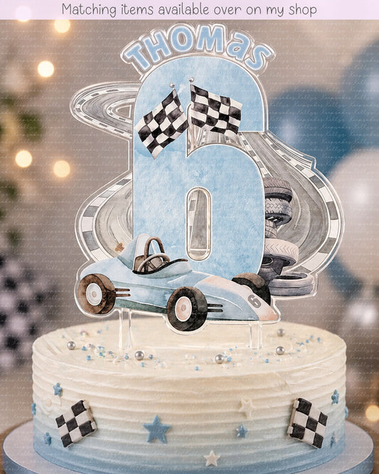 Personalised Race Car age cake topper - acrylic printed car track cake topper - custom cake decoration