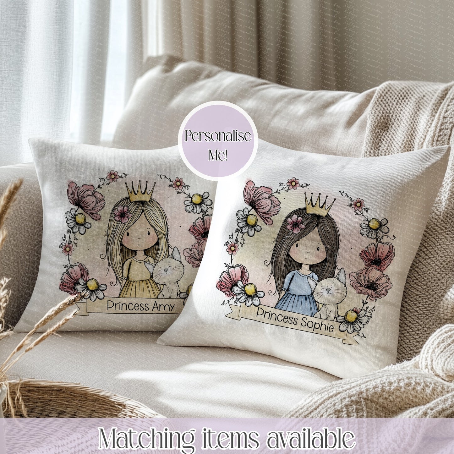 Personalised Princess Girl Floral Frame Velvet Cushion - custom cushion - Colour Back Option
