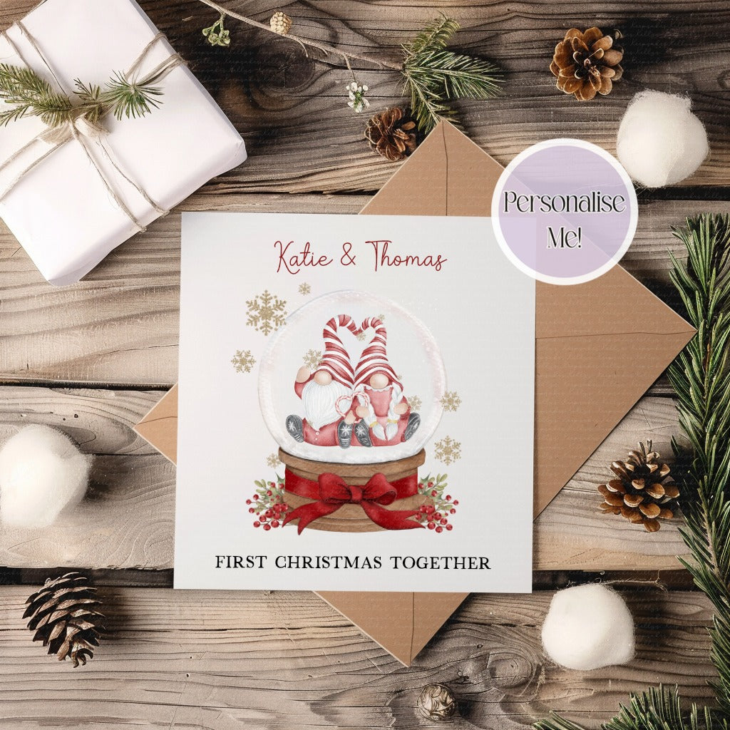 First christmas couple gonk personalised card - married- engaged - together- snow globe card