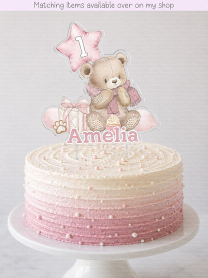 Personalised Birthday Bear Balloon age cake topper - acrylic printed Bear Birthday Party cake topper - custom cake decoration