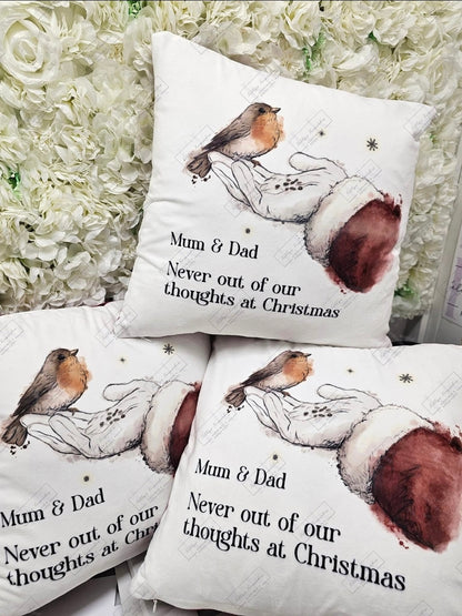Christmas Personalised Robin Memorial Cushion - santa- Robins Appear