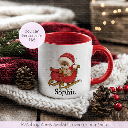 Personalised Teddy Bear Christmas Sleigh Mug – Enamel or Ceramic | Custom Name | Christmas Hot Chocolate Mug