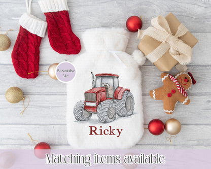 Personalised Hand-drawn Snowy Tractor Fluffy Hot Water Bottle with Faux Fur Cover – 2L Hot Water Bottle in Gift Box, Winter Warmer, Christmas Gift