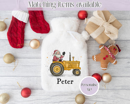 Personalised Father Christmas On Tractor Fluffy Hot Water Bottle with Faux Fur Cover – 2L Hot Water Bottle in Gift Box, Winter Warmer, Christmas Gift