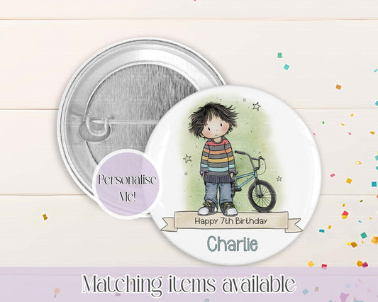 Personalised Boy Birthday Badge with Bmx - 58mm custom badge