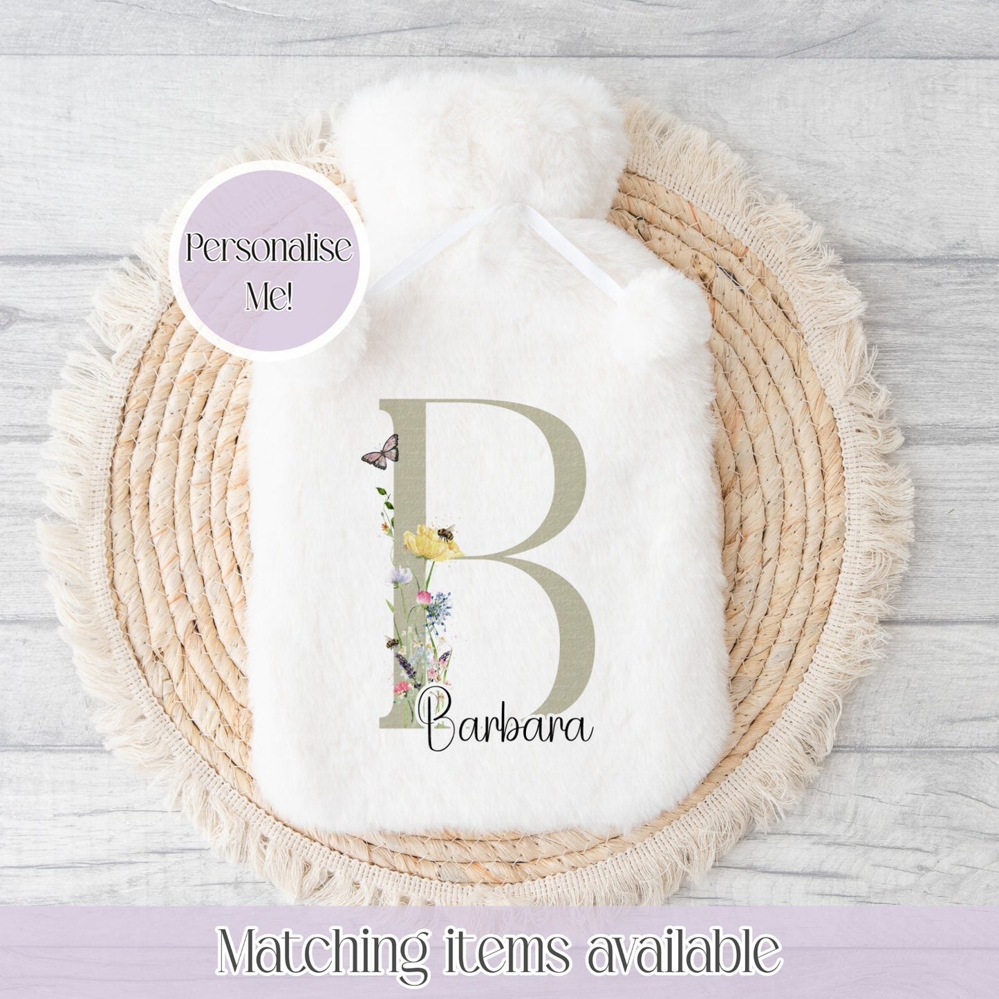 Wildflower Inital Personalised Fluffy Hot Water Bottle- gift for her