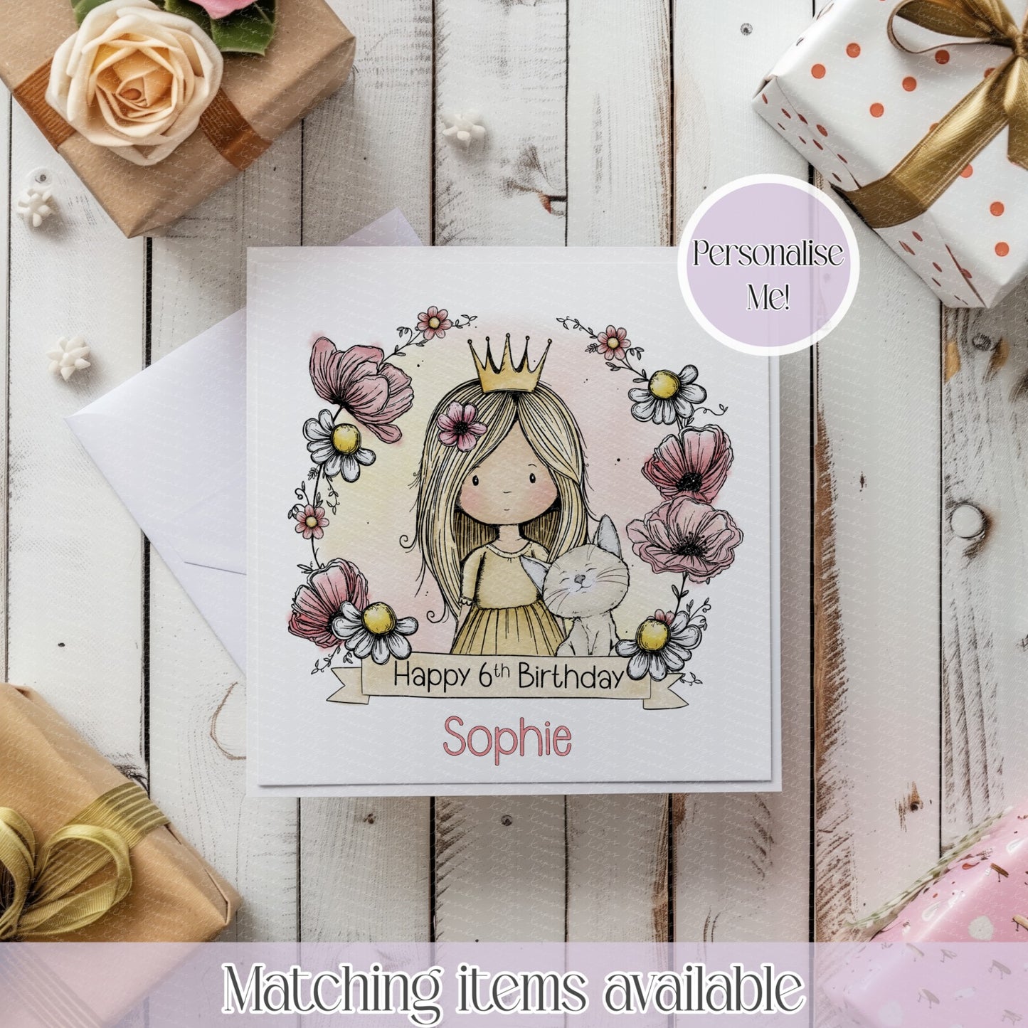Personalised Princess Girl Floral Frame Birthday Card – Custom Name & Age
