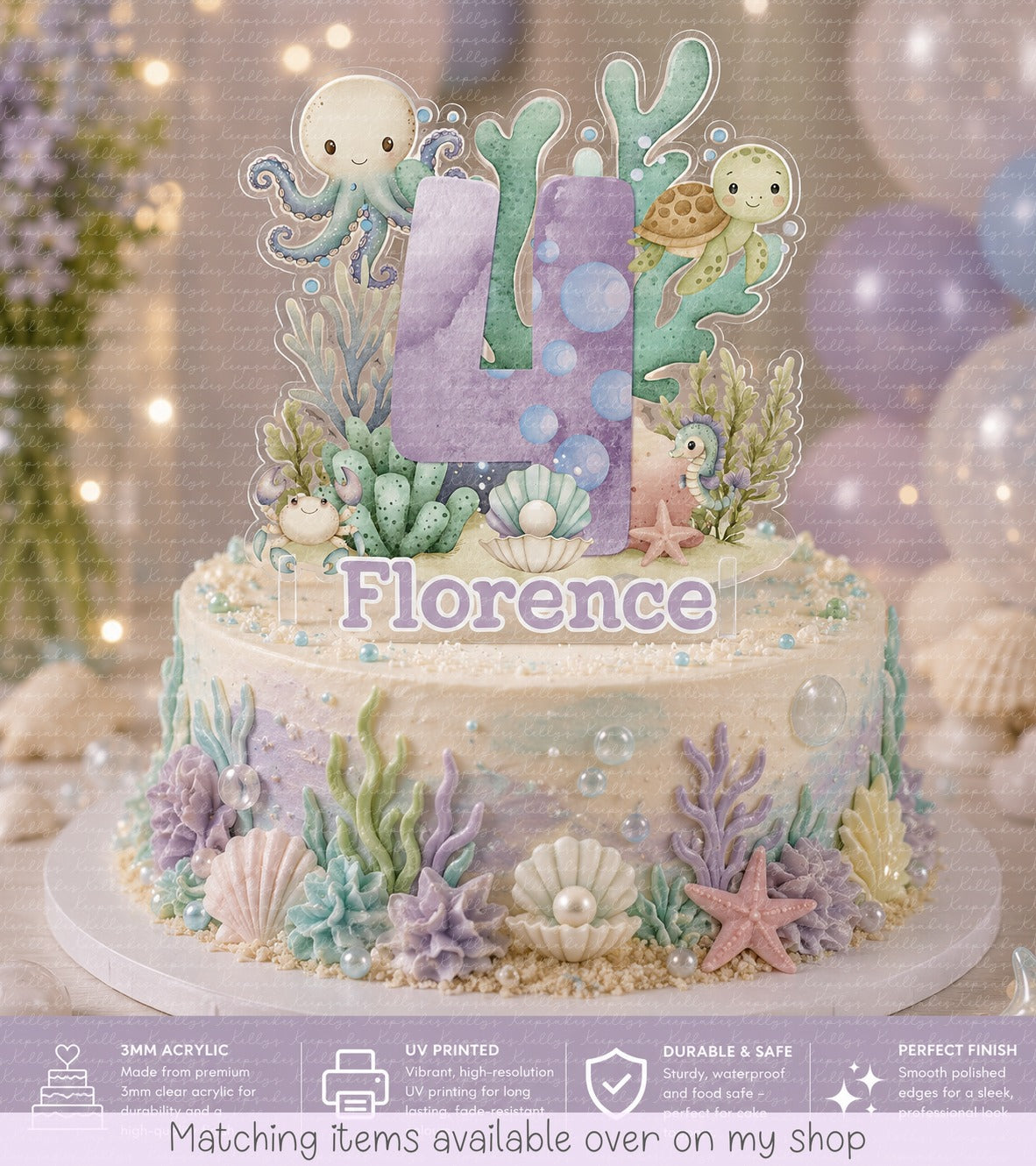 Personalised Birthday Under the sea Number cake topper design 2- acrylic printed Age sea creatures cake topper - custom cake decoration
