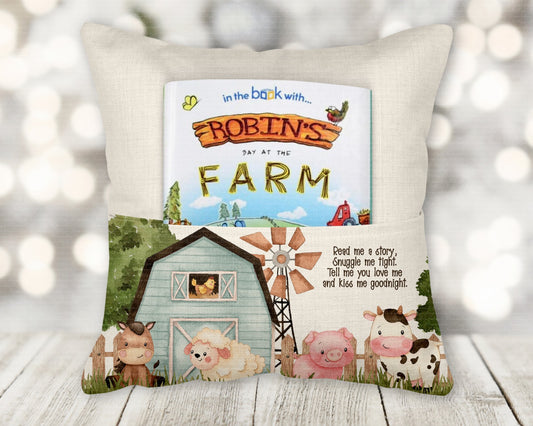 Personalised farm theme book pocket cushion - young reader - personalised cushion - two colours