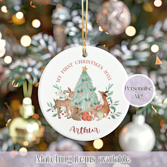 First christmas forest friends personalised ceramic bauble - christmas decoratio - babies first christmas