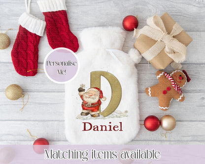 Personalised Cute Santa Illustration Hot Water Bottle - Faux Fur Hot Water Bottle Cover  - Christmas Gift - Gift for him - Gift for her