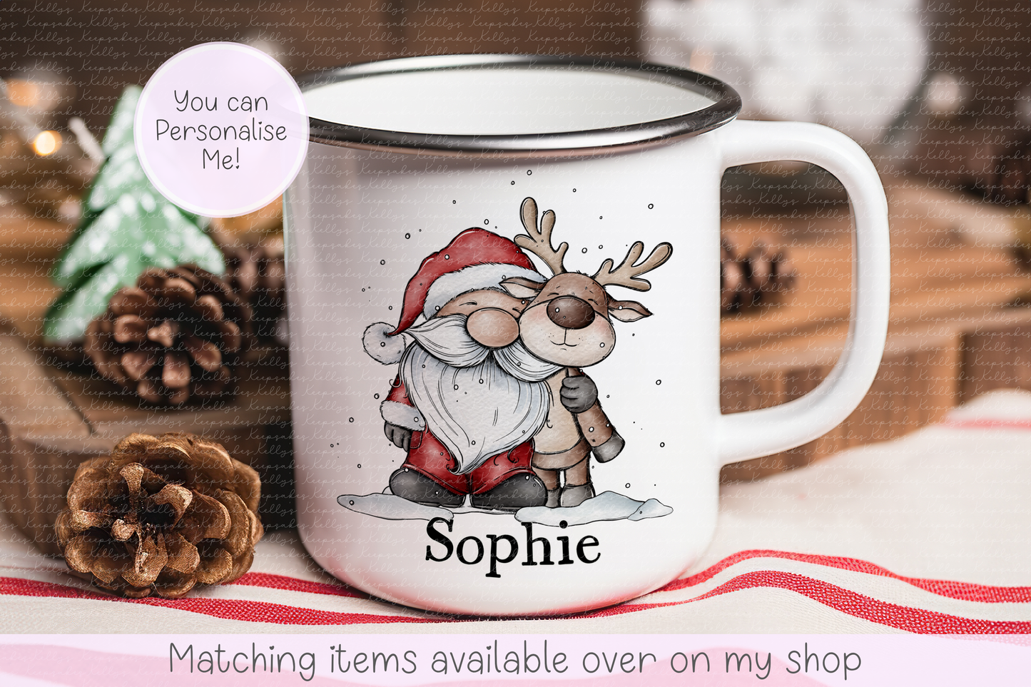 Personalised Santa & Reindeer Christmas Mug – Enamel or Ceramic | Custom Name | Christmas Hot Chocolate Mug