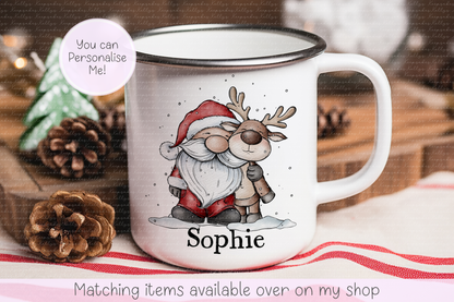 Personalised Santa & Reindeer Christmas Mug – Enamel or Ceramic | Custom Name | Christmas Hot Chocolate Mug