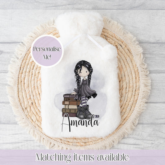Goth Girl Book or Grave Design Fluffy Hot Water Bottle 2L - personalised alternative inspired