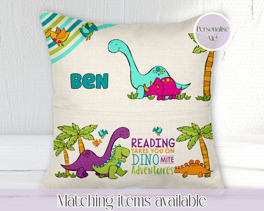 Dinosaur book pocket cushion - young reader - personalised cushion