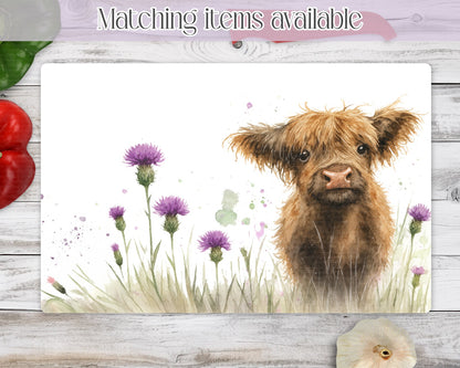 Floral Highland Cow Glass Chopping Board - Kitchen Counter Saver - Work Top Saver - Farm Animals - Kitchen Decor  - New Home Gift