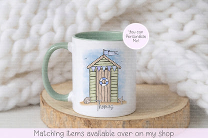 Beach hut personalised mug - seaside custom mug - camping by the beach - gift for her or him