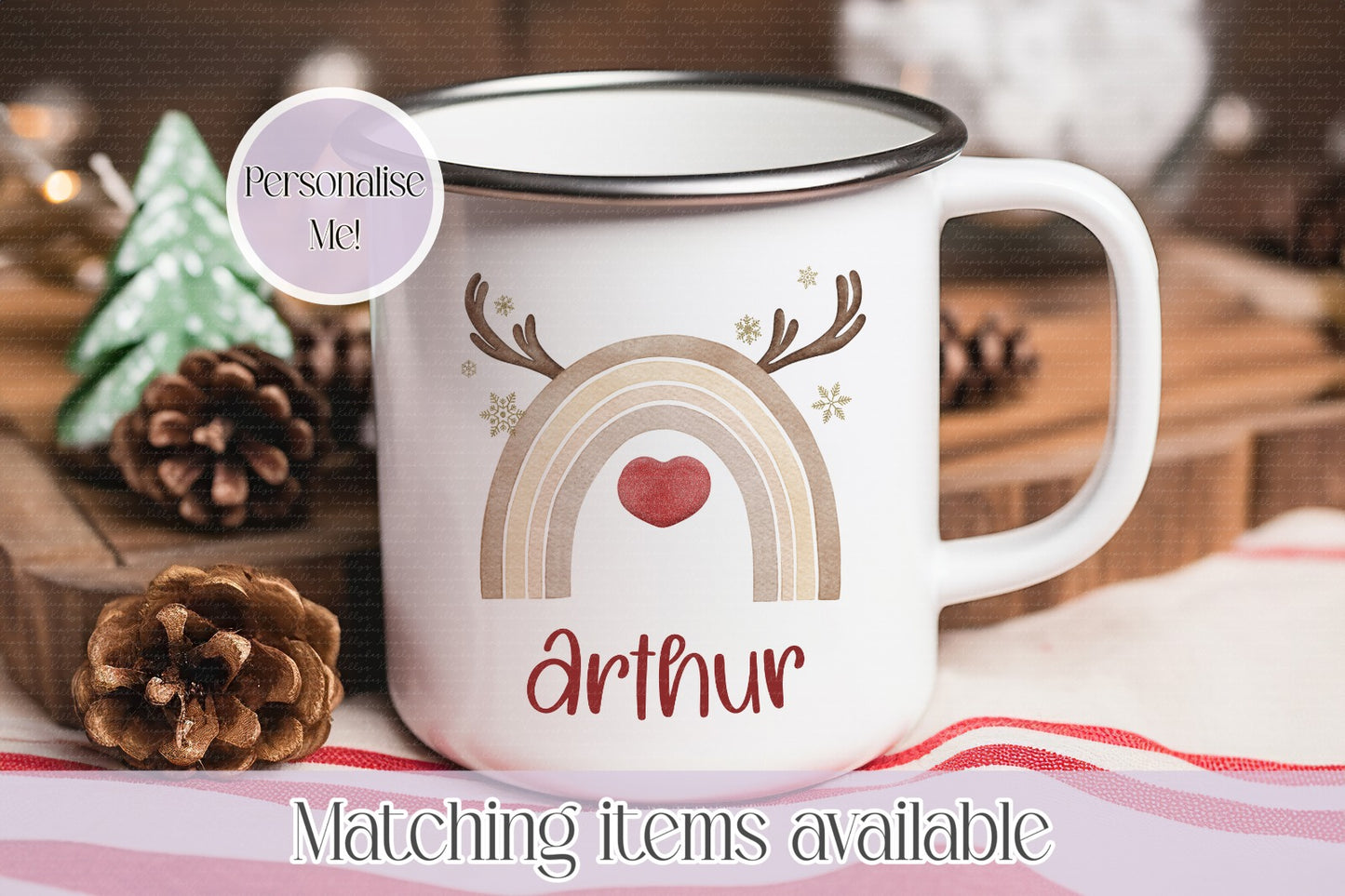 Personalised Christmas Reindeer Rainbow Mug – Enamel or Ceramic | Custom Name | Christmas Hot Chocolate Mug