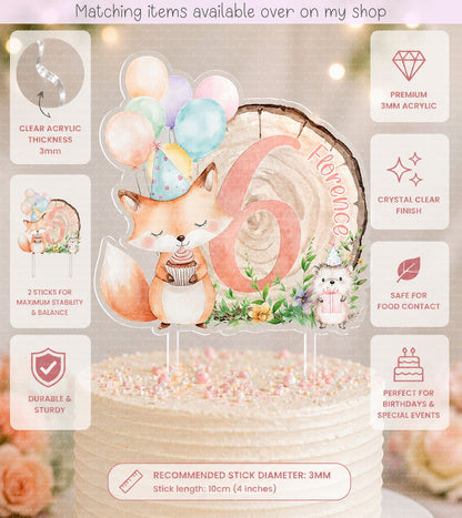 Personalised Birthday Woodland Party Friends age cake topper - acrylic printed fox, hedgehog & Party log cake topper - custom cake decoration