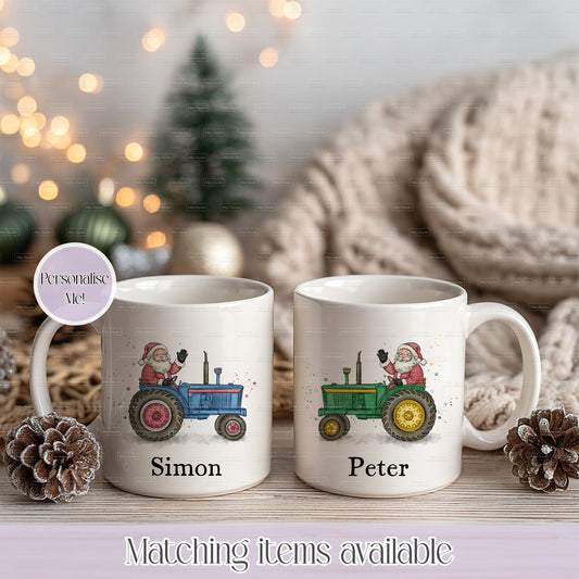 Personalised Father Christmas On Tractor Christmas Mug - Custom 11oz White or Enamel Mug - Highland Christmas Design - Christmas Stocking Filler - Farmer