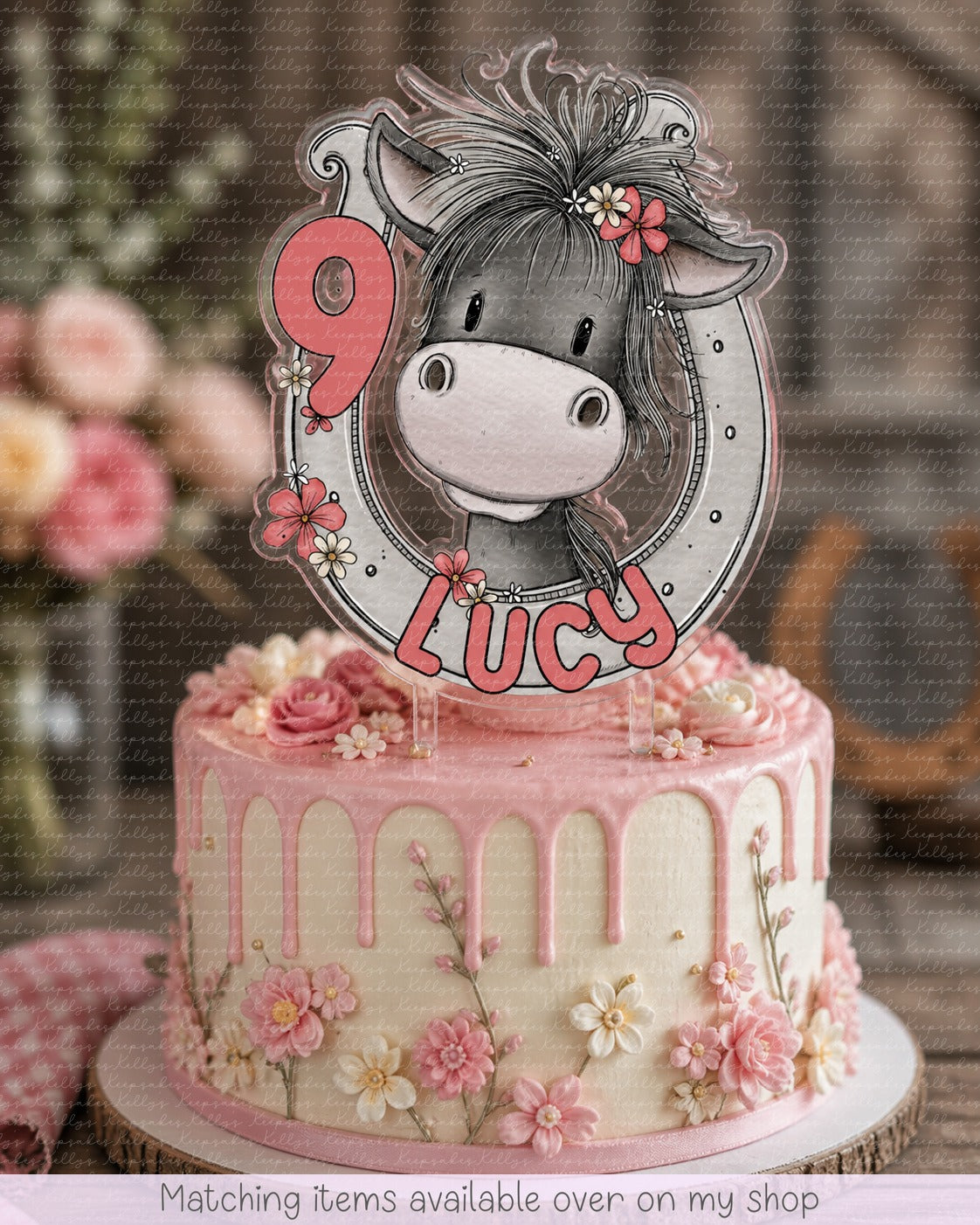 Personalised Birthday Pony Board cake topper - acrylic printed Horse & horse shoe cake topper - custom cake decoration